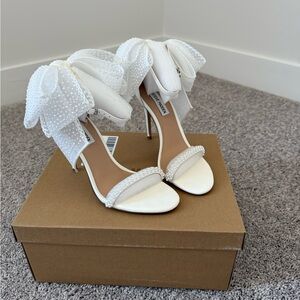 Steve Madden White Beaded Bow Ankle-Strap Heels